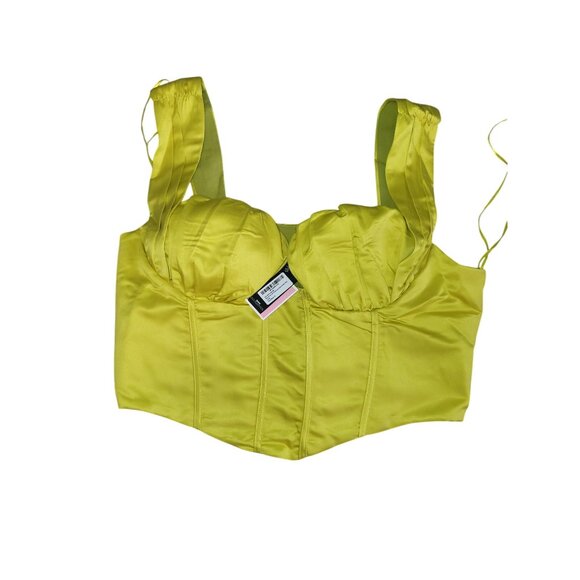 Chartreuse Satin Corset Top Ruched Bust PrettyLittleThing Size 18 - Picture 2 of 6